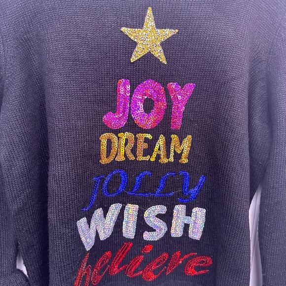 Holiday Time Black Ugly Christmas Sweater Joy Dream Jolly Wish Believe Sequined - Picture 4 of 7